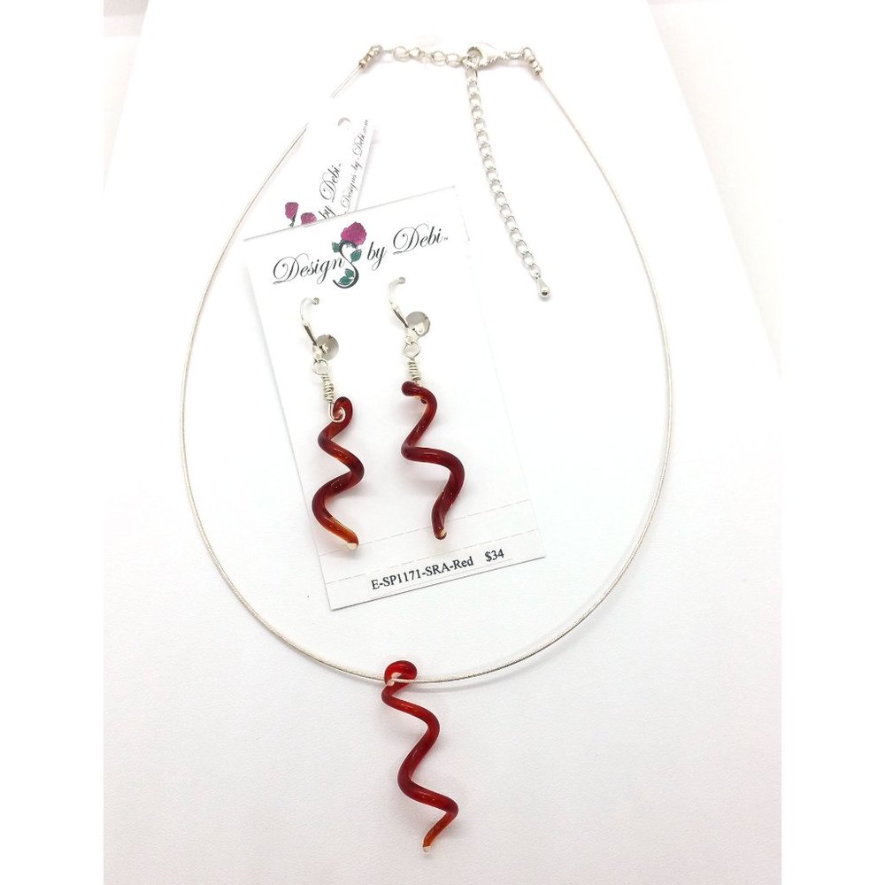 Red Glass Twist Necklace & OOAK Earrings